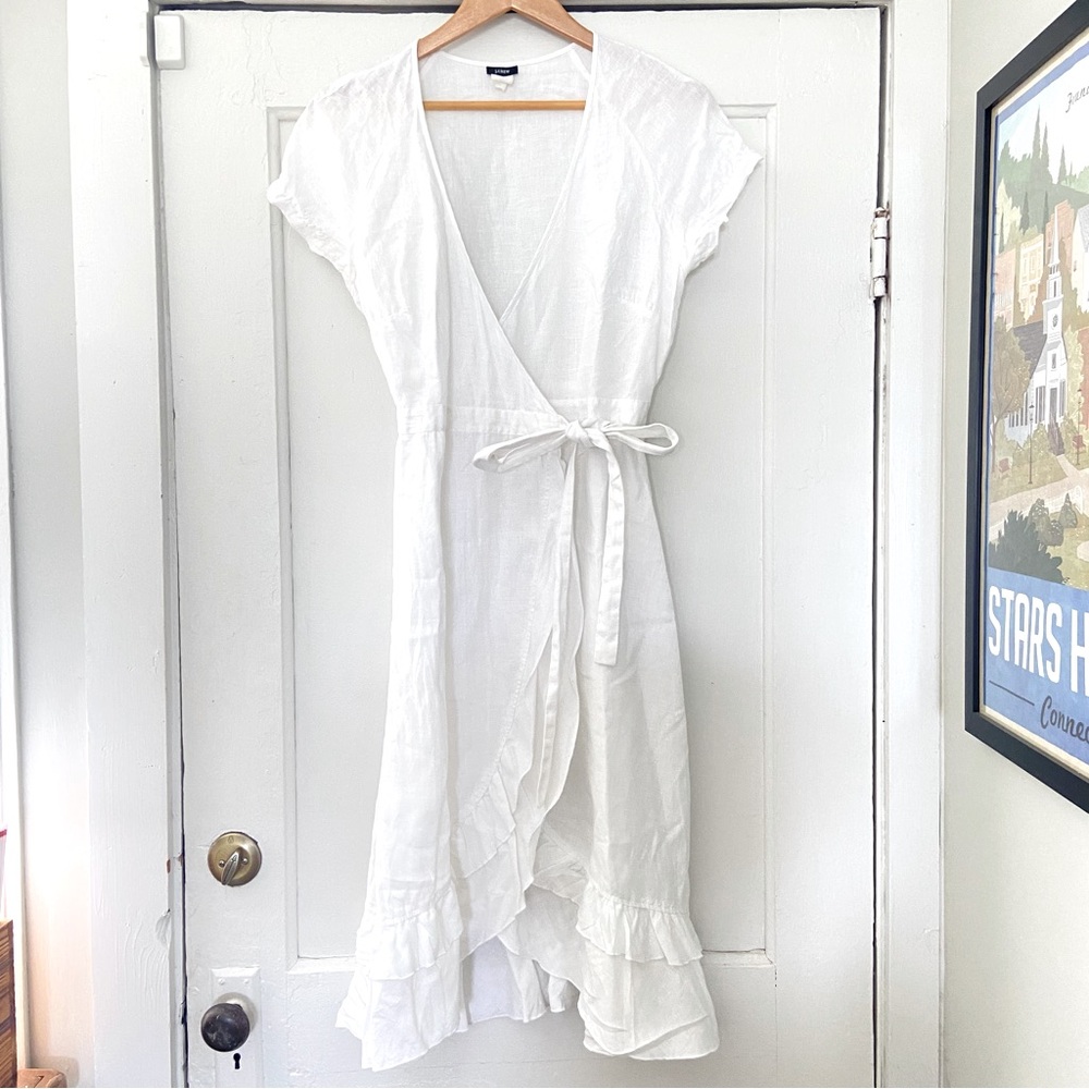 J.Crew White Linen Ruffled Hem Short Sleeve Wrap Dress-Vintage Y2K-Size Medium